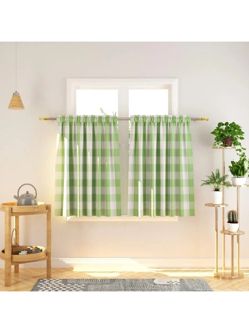 3 Pc Mint Green & White Buffalo Check Farmhouse Kitchen Curtain Set, 54x18